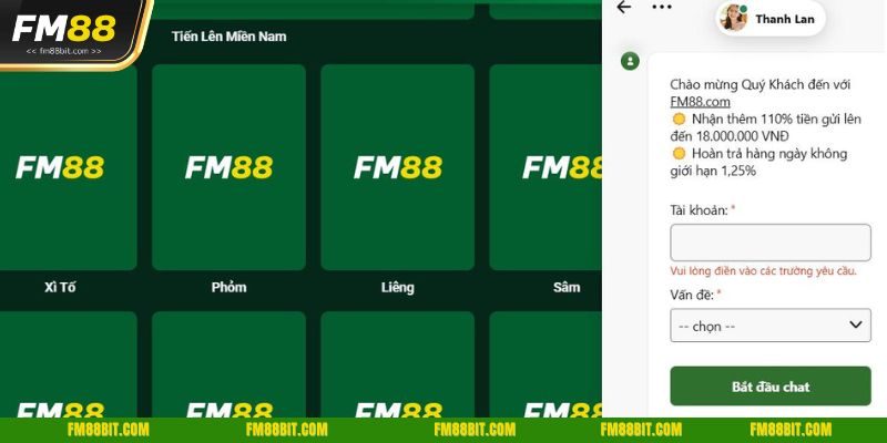 Liên hệ FM88 qua Live Chat có đội ngũ CSKH phản hồi nhanh chóng